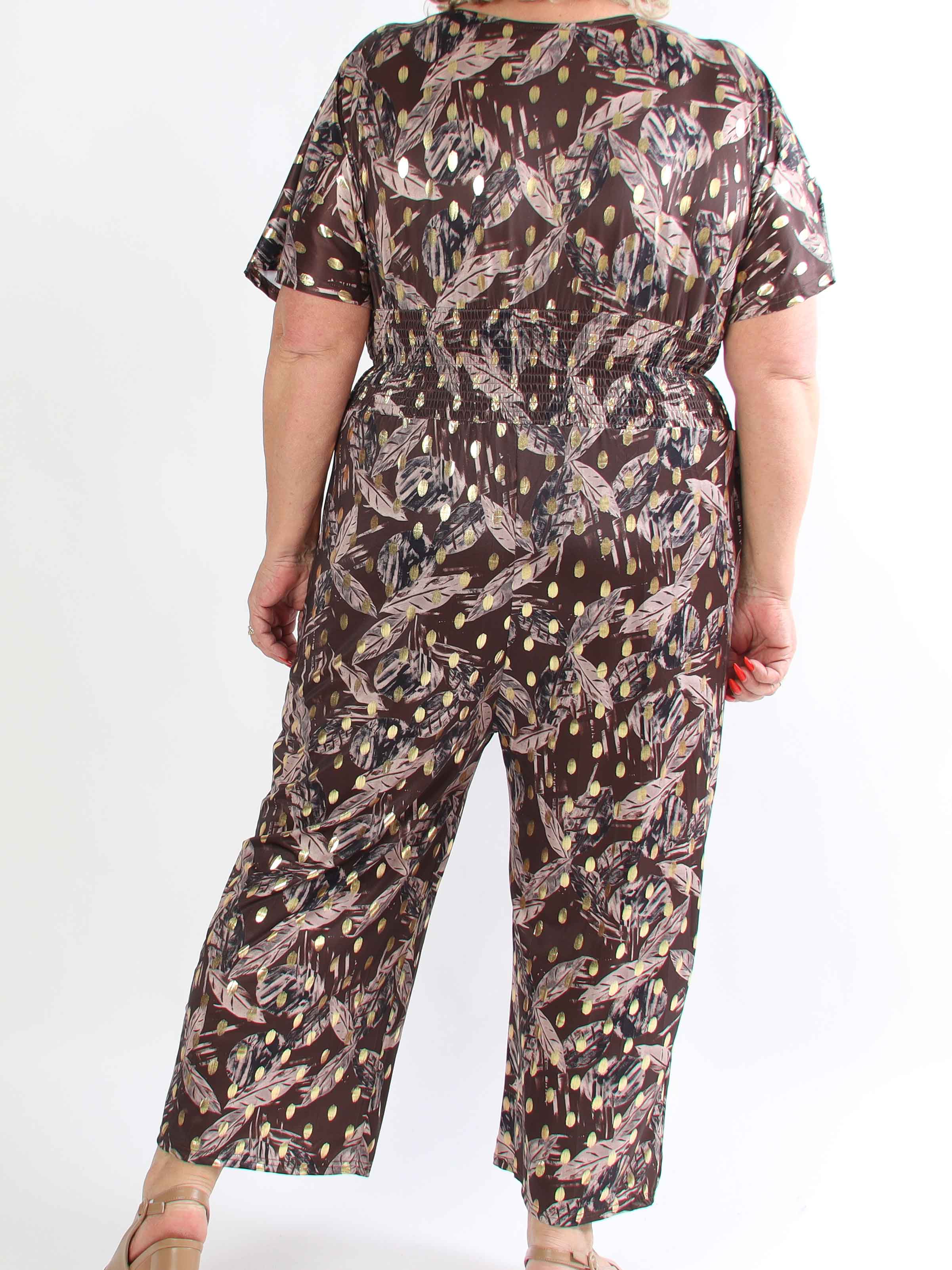 Pams Leafage Jumpsuit - Plus size buksedragt i bladmønster med guld dutter